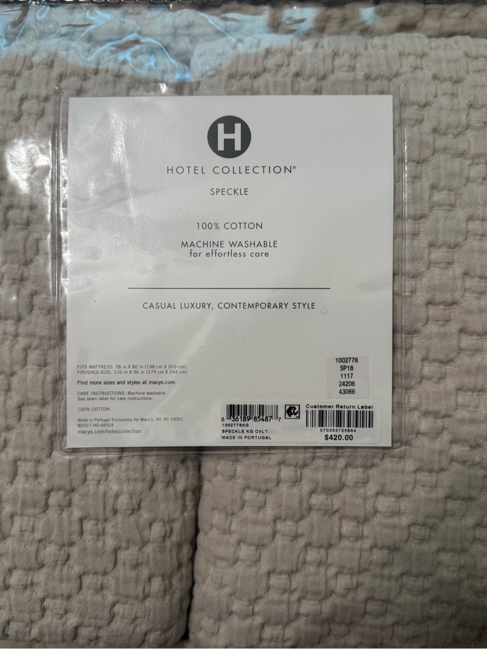 Hotel Collection Speckle Cotton Coverlet in Grey Beige with king shams